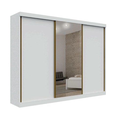Guarda Roupa Casal com Espelho 100% MDF 3 Portas de Correr 276cm São Paulo Branco - Leifer