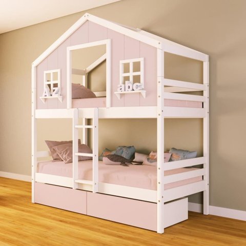 Beliche Casinha Dos Sonhos com 02 Gavetas Rosa Madeira Maciça Rosa/ Branco Housin