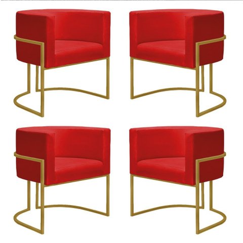 Kit 4 Poltronas Reforçadas Decorativa Sala Nayara Base Ferro Dourado Suede Vermelho