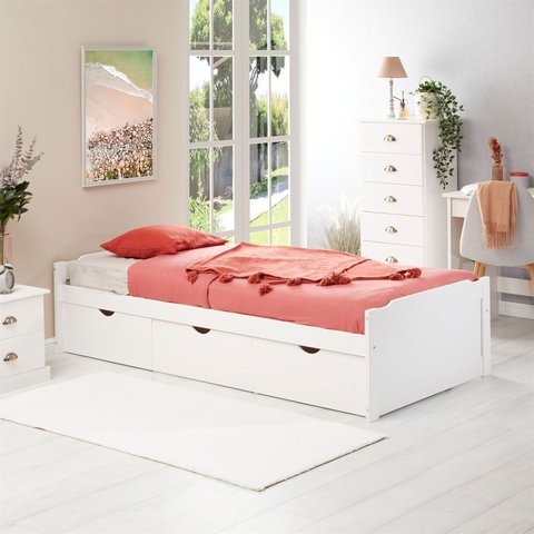 Cama Solteiro Madeira Maciça 3 Gavetas com Estrado Mia Branco Idimex