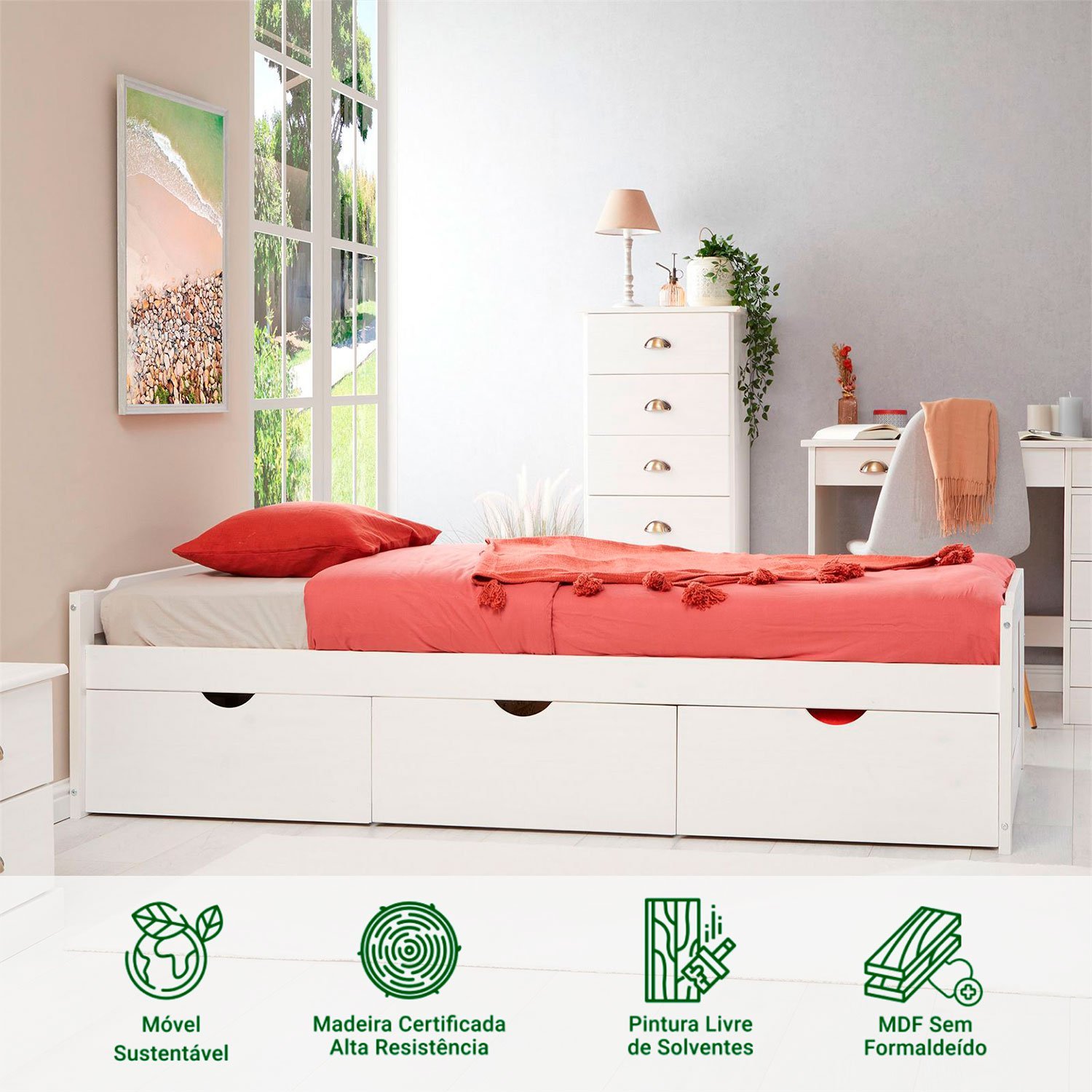 Cama Solteiro Madeira Maciça 3 Gavetas com Estrado Mia Branco - 3