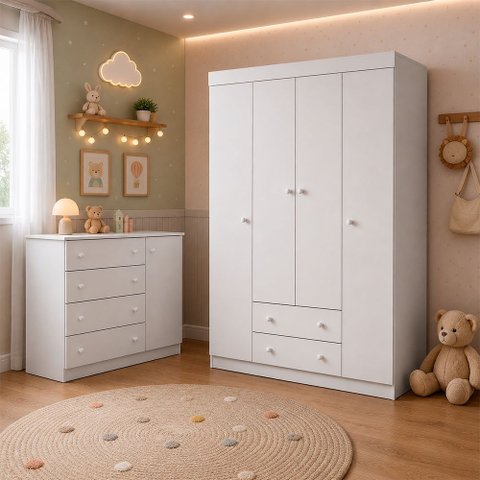 Conjunto Quarto Bebê Roupeiro 4 Pts 2 Gav Cômoda 1 Pt 4 Gav Infantil 100% MDF Elisa Branco Phoenix