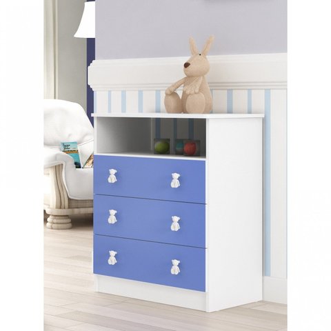 Cômoda de Bebê 3 Gavetas 1 Nicho Arco-Íris Azul/Branco
