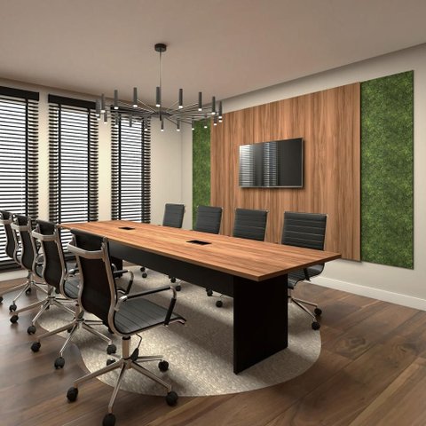 Conjunto Sala de Reunião Mesa 3,20m Painel para TV Ng F5 Cor:Nogal com Preto