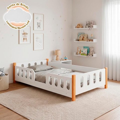 Cama Infantil Montessoriana Melissa Branca com Grade e Luminária Led