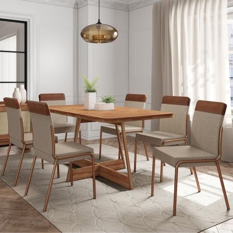 Conjunto Sala de Jantar Paris 6 Cadeiras Carraro Areia/rose/nogal