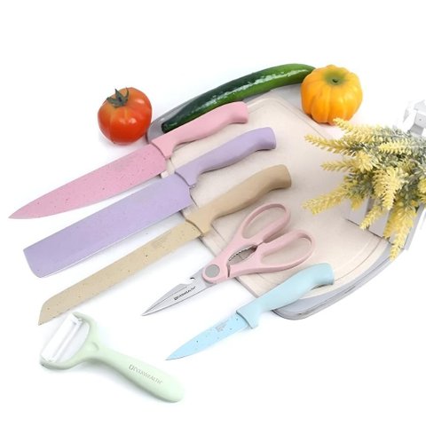 Faqueiro Completo Kit Facas Tesoura Descascador Aco Inox Coloridas Conjunto Gourmet 6 Pecas