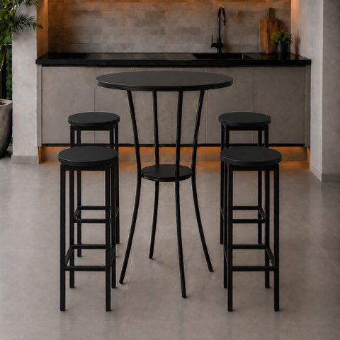 Conjunto Mesa Alta Bistrô Porto com 4 Banquetas Alta Kassel Cor Preto - Kmj