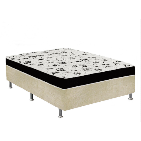 Cama Box Casal Suede Bege + Colchão Casal Suede Preto Orto Molas Ensacada 138x188x55
