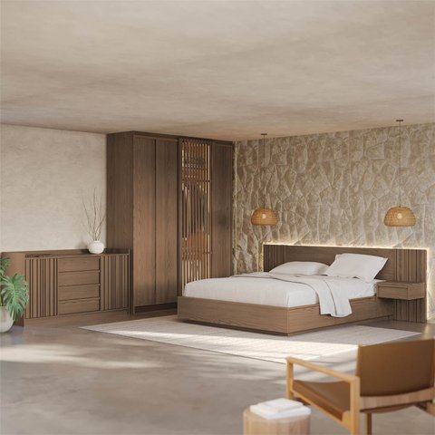 Kit Guarda Roupas 4 Portas, Cama Casal/Queen com LED e Cômoda Seringal CabeCasa MadeiraOriginals Marrom/Nogal