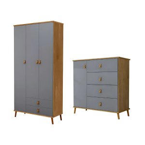 Conjunto Premium Guarda Roupa e Cômoda Jujuba Design Moderno:cinza