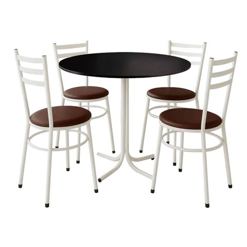 Mesa de Jantar Redonda 80cm Preta com 4 Cadeiras Estofada Branca
