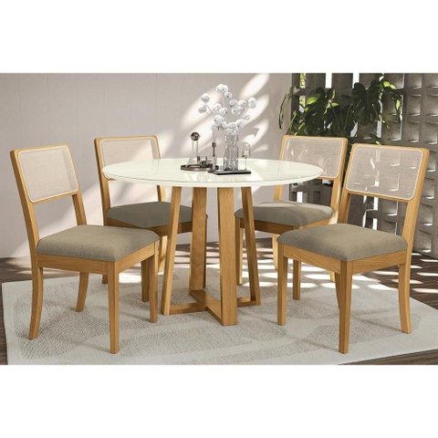 Mesa Cozinha Elma Premium Madeira Maciça C/ Tampo Madeirado C/ Vidro 120x120cm e 4 Cadeiras Lola