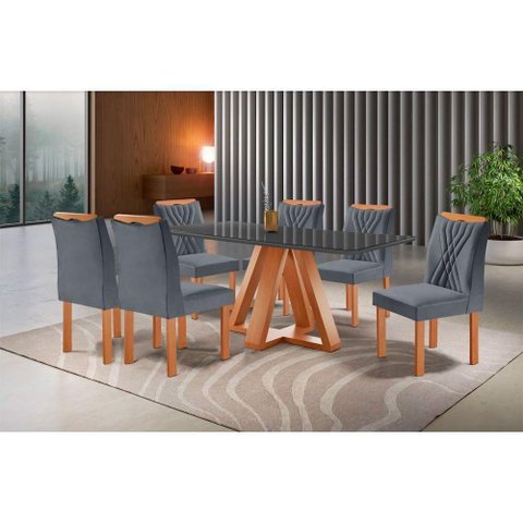 Mesa Madri 6 Cadeiras Lisboa Tampo Vidro 170x90cm Cel Móveis Cinamomo e Grafite