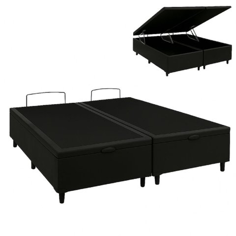 Cama Box Baú Casal 138x188cm, Base Bipartida Reforçada, Suede Preto, Montagem Não Necessária