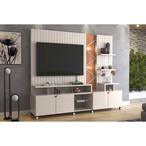 Home Belfast Frisado Painel P/ Tvs até 55'' C/ 4 Portas e Prateleiras P/ Decoração - Off White