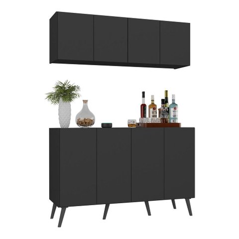 Kit Bar Armário Aéreo e Aparador 4 Portas Retrô Multimóveis Mp1086 Preto