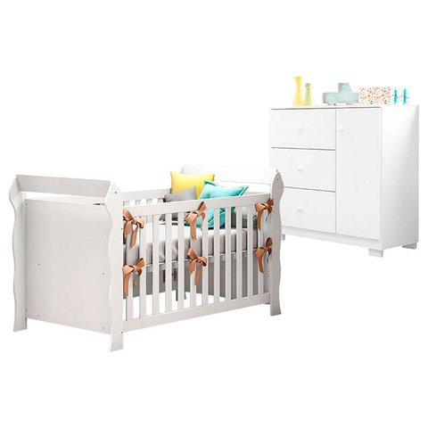 Berço Americano Lara com Cômoda Infantil Duda Branco Brilho – Phoenix Baby