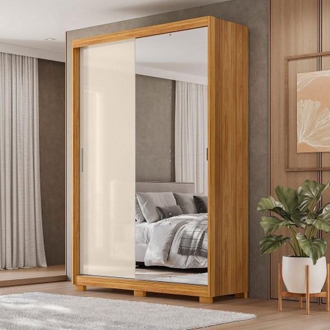 Guarda Roupa Casal Riva 2 Portas de Correr com Espelho 4 Gavetas MDF Cinamon Touch-Off White