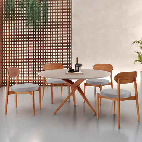 Conjunto Sala de Jantar Mesa 135cm Tampo Redondo Texturizado e 4 Cadeiras Hope Marrom/Luna/Imbuia/Of