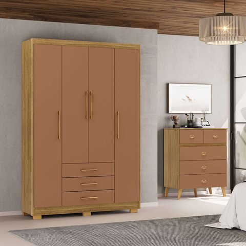 Guarda Roupa Pequeno Ep 4 Portas e 3 Gavetas Ideal para Quarto de Solteiro:nature-camarim