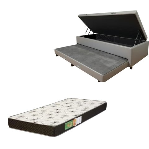 Cama Box Baú Solteiro com Auxiliar (Bicama) + Colchão Solteiro Espuma D20 12cm | Kit Completo com Ca