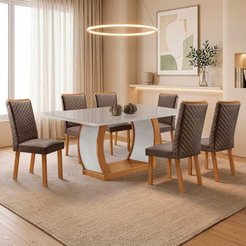Mesa de Jantar Milena 180cm Tampo Mdf e Vidro Canto Copo com 6 Cadeiras Lira