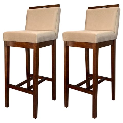 Kit 2 Banquetas Alta para Bancada Ilha Líbia Madeira Capuccino Suede Bege CCS