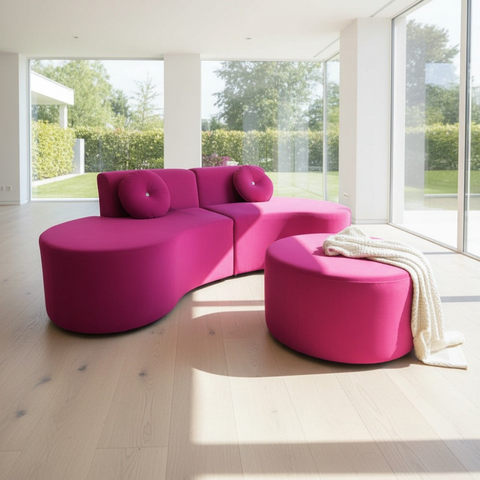 Sofá Modular Orgânico Monterrey 260cm + Puff Veludo Rosa Pink