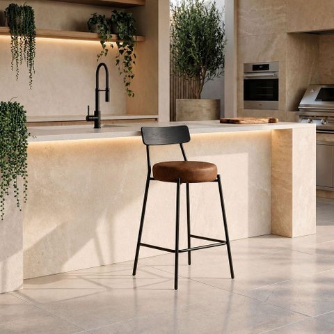 Banqueta Cozinha Alta D03 Assento PU Base Aço com Encosto 95cm Nozes D'Rossi