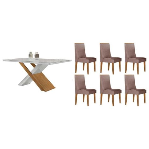 Conjunto: Mesa de Cozinha Imperatriz Tampo c/ Vidro Curvo 180cm+6 Cadeiras Dakota Madeira Naturale/