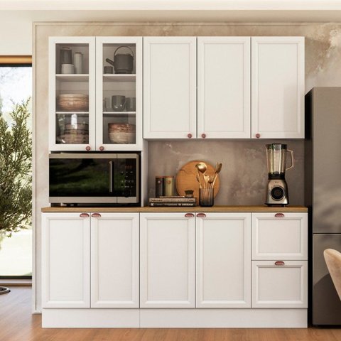 Cozinha Modulada Compacta Americana 3 Peças Paneleiro Duplo com Balcão Tampo Unna Branco
