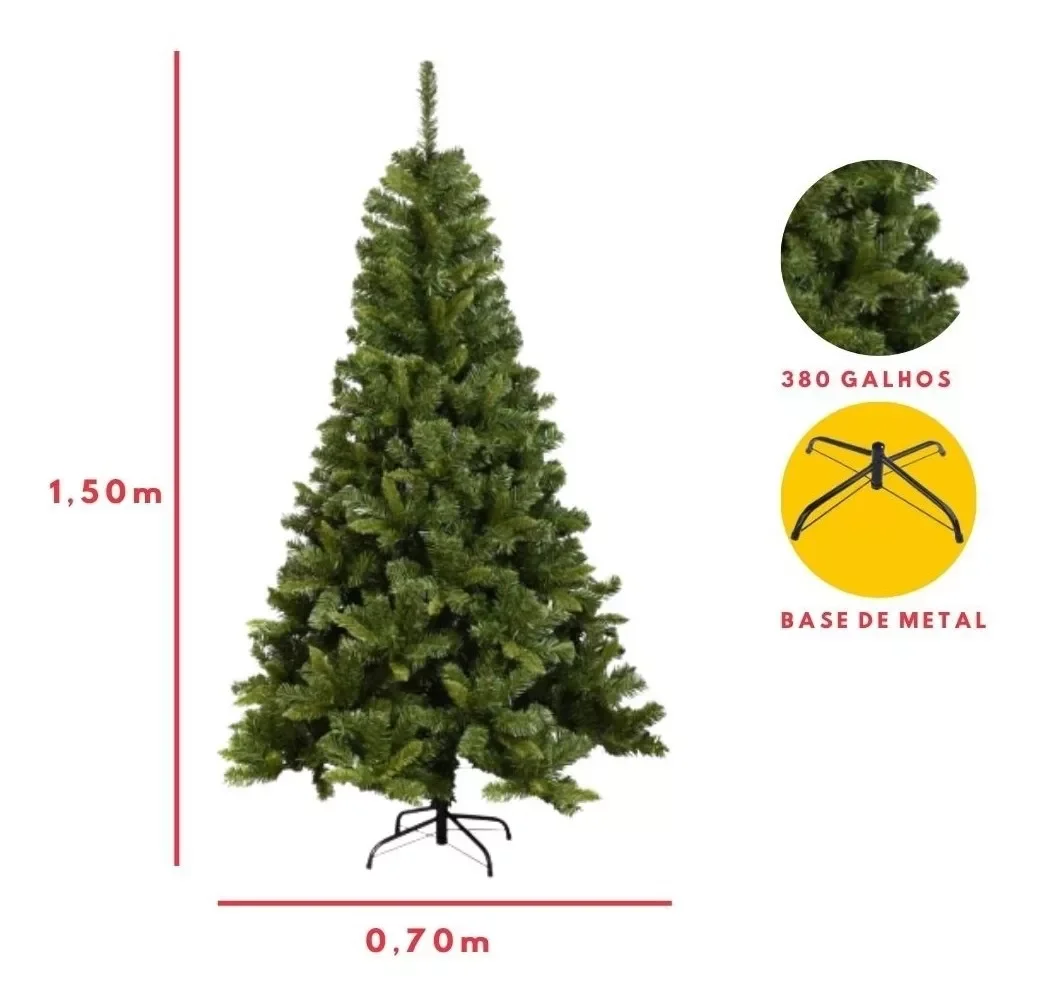 Árvore de Natal Luxo 1,50 Altura Base Metal 380 Galhos - 2