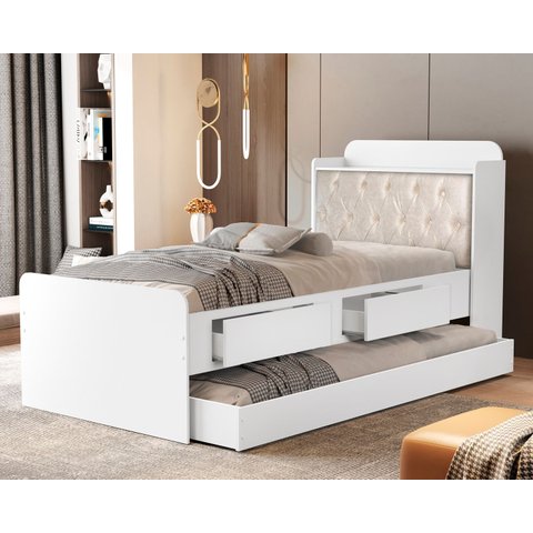 Cama Solteiro Tamires Capitone Duas Gavetas Bau e Auxiliar:brancobege
