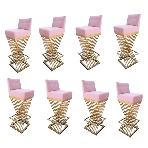Kit 08 Banquetas Luma Base de Ferro Sued Rosa Bebê - D'classe Decor