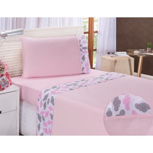 Jogo de Cama Solteiro Infantil Menina Nuvem Rosa 3 Pçs Percal Algodão