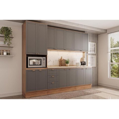 Kit de Cozinha Completa 5 Peças Bella (2aéreos+2balcões+1paneleiro) C5p121 Nogal/cinza - Carraro
