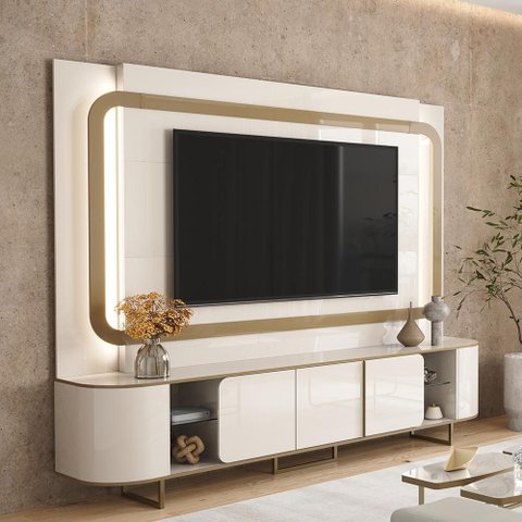 Estante Home Atlanta para Tv até 75” com Led Cantos Arredondados Pés de Ferro Design Moderno