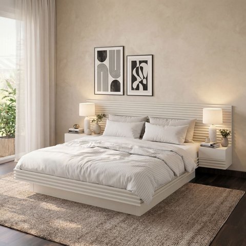 Cama Casal/Queen com Cabeceira e Mesa de Apoio Samambaia CabeCasa MadeiraOriginals