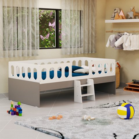 Cama Infantil Lara Solteiro com Escadinha Branco e Cinza - Baby Mobília