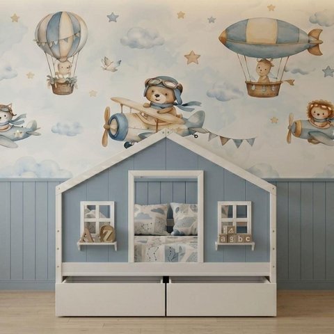 Cama Casinha Dos Sonhos com 02 Gavetas Madeira Maciça Branco/ Azul Housin