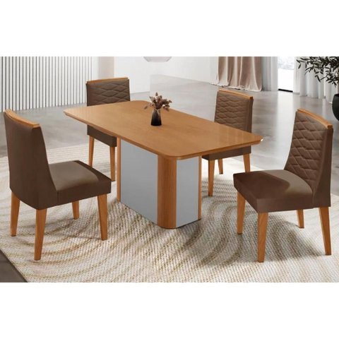 Sala Jantar Mesa Pietá Tampo Curvo 120cm+4 Cadeiras Maldivas Madeira Naturale/off White - Capuccino