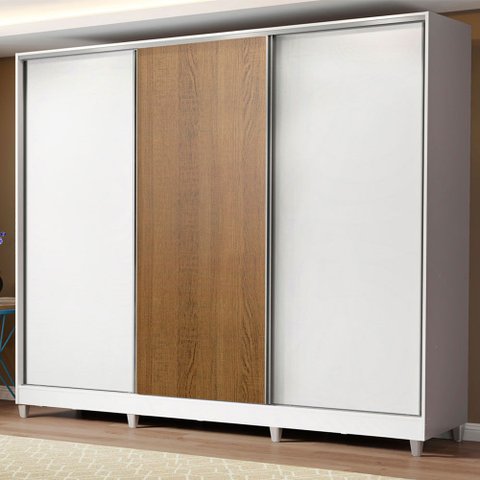 Guarda-Roupa Casal 100% MDF Madesa Royale 3 Portas de Correr com Pés Branco/Branco/Rustic Cor:Branco
