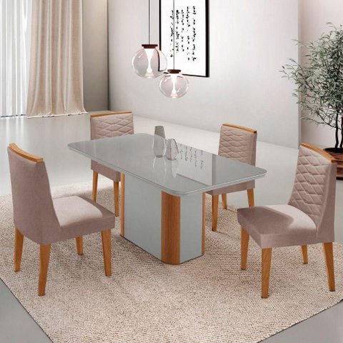 Mesa de Jantar Isadora 120cm Tampo Mdf Vidro com 4 Cadeiras Linho Capuccino Off White Naturale
