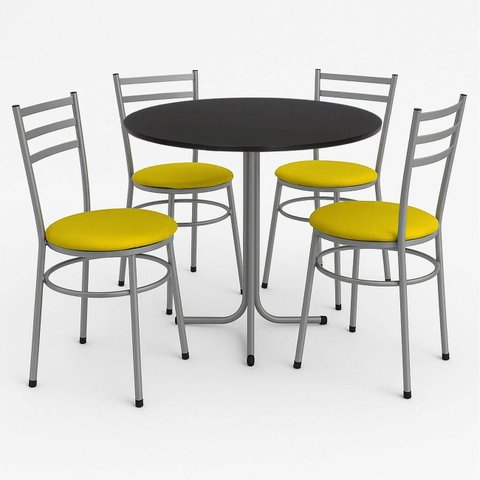 Mesa de Jantar Redonda 80cm Preta com 4 Cadeiras Estofada Cinza