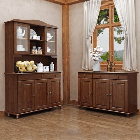 Conjunto Cozinha Rubi Café Cristaleira 5 Portas e Vidro, Balcão 3 Portas Madeira Maciça Pinus - Fine
