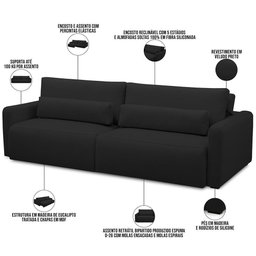 Sofá Retrátil Reclinável para Sala de Estar Living 240cm Sevilha F04 Veludo Preto - 4