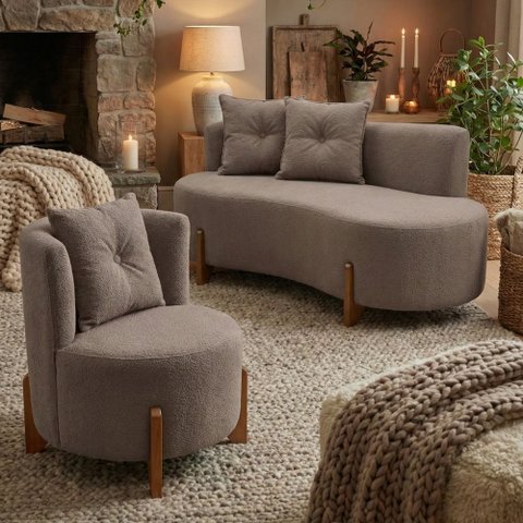 Conjunto 01 Poltrona + Sofá Curvo Orgânico Veludo Cappucino - Montanaris Decor