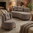 Ver imagem 1 de Conjunto 01 Poltrona + Sofá Curvo Orgânico Veludo Cappucino - Montanaris Decor
