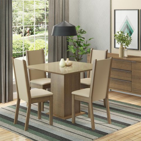 Conjunto Sala de Jantar Madesa Moscou Plus Mesa Tampo de Vidro 4 Cadeiras - Rustic/crema/sintbege